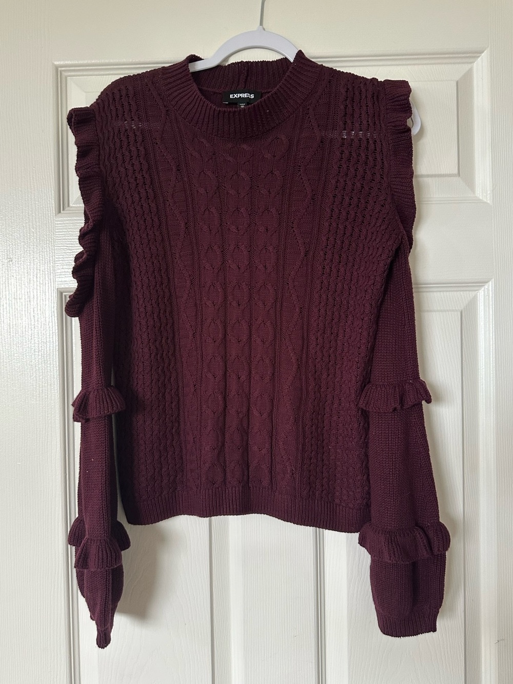 Express Cold Shoulder Ruffle Sweater Pullover Maroon - Picture 3 of 7